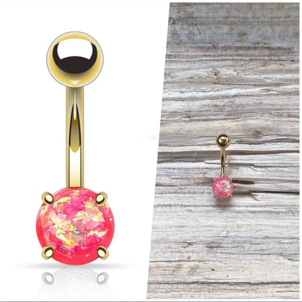 Pink Opal Gold Belly Button Ring‎